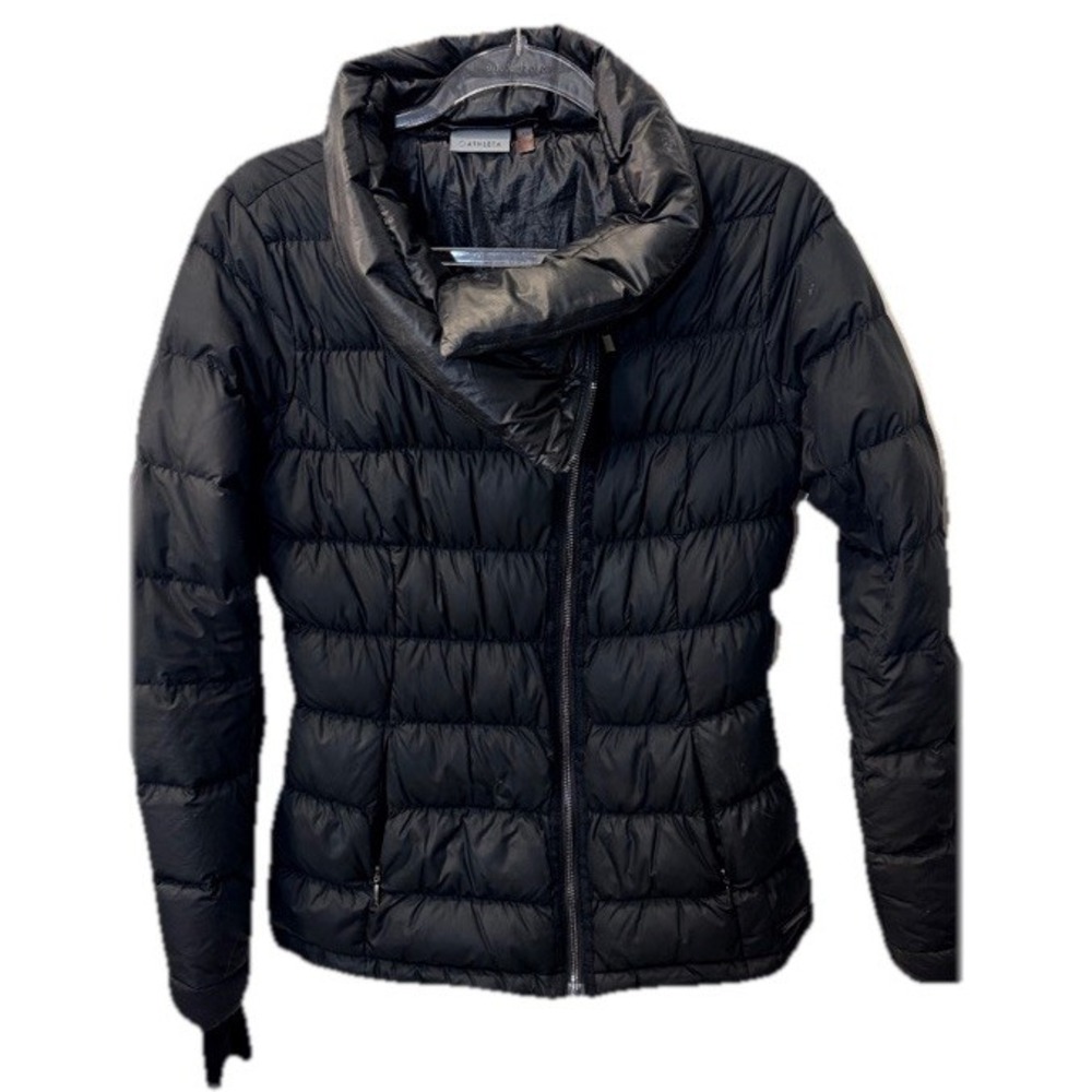 Athleta Black Goose Down Puffer Jacket Womens XS Asymmetrical Zip Lightweight